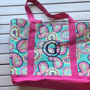 WB Pink and Blue Paisley Tote with a G monogram.